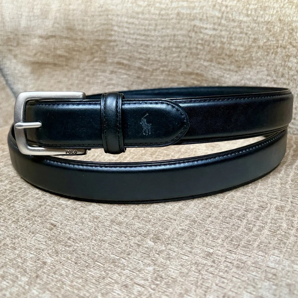 Polo Ralph Lauren Belt Mens 58 Black Leather Silver Buckle Casual Dress Classic